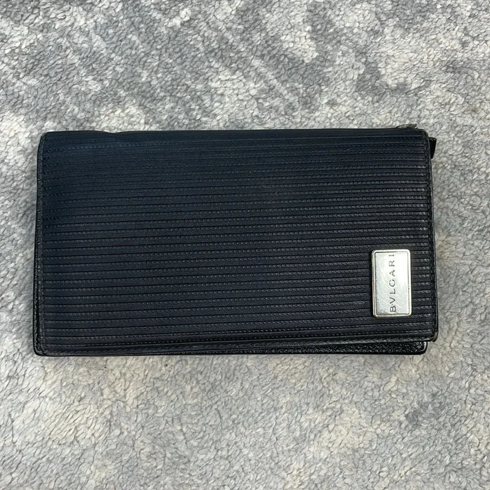 Bvlgari Ribbed Nylon Long Bifold Wallet Black Branded Plaque Designer